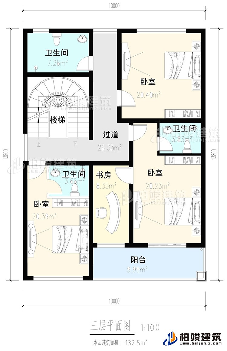 三层：3卧室，2内卫，公卫，楼梯，书房，阳台