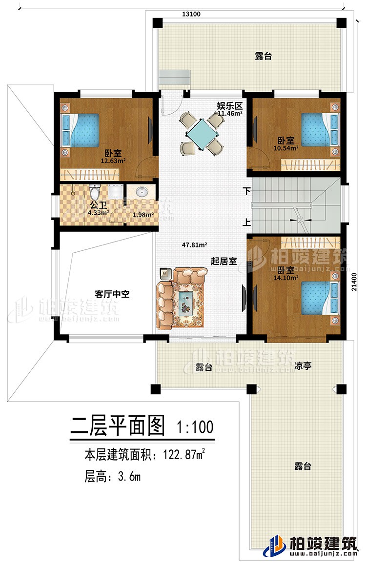 二层：3卧室、起居室、娱乐区、3露台、凉亭、客厅中空、公卫