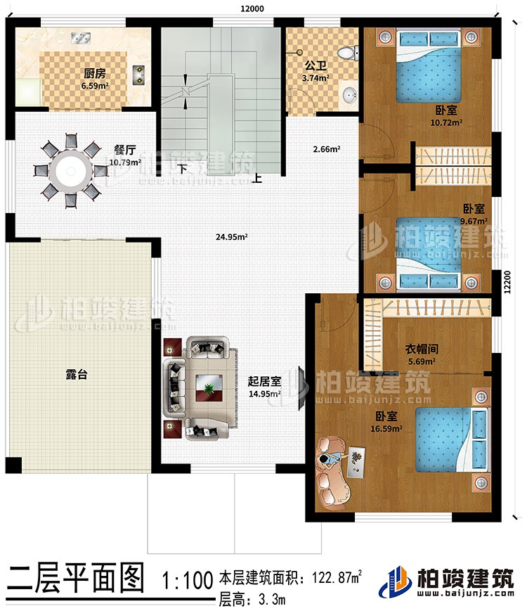 二层：起居室、餐厅、厨房、公卫、3卧室、衣帽间、露台