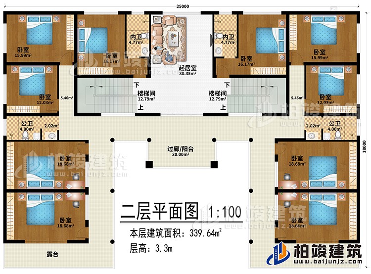 二层：起居室、2楼梯间、过廊/阳台、10卧室、2内卫、2公卫、2露台