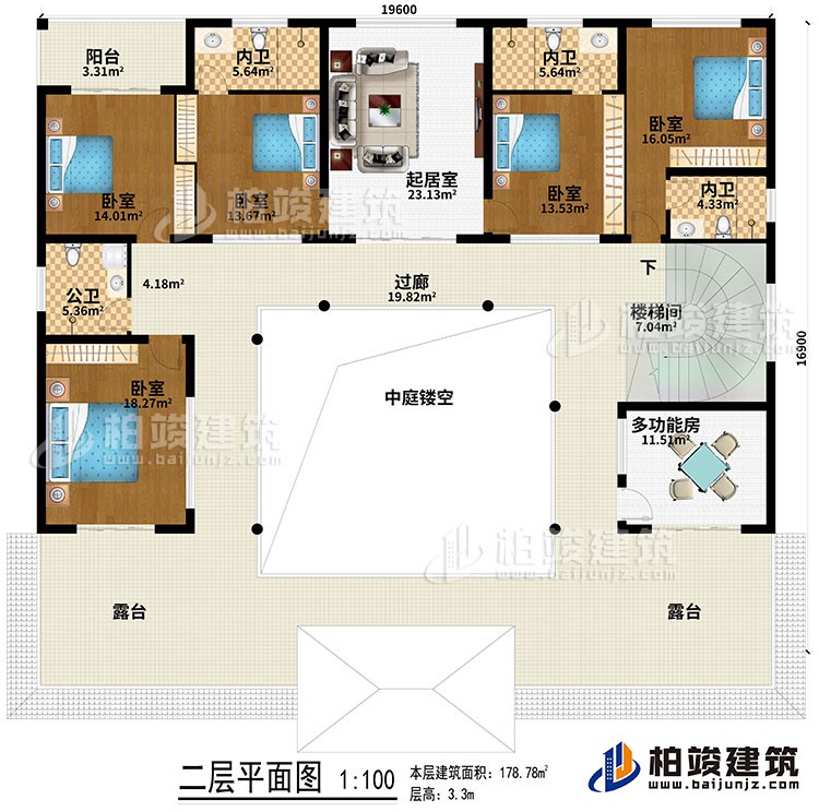 二层：起居室、中庭、过廊、楼梯间、5卧室、公卫、3内卫、2露台、阳台、多功能房