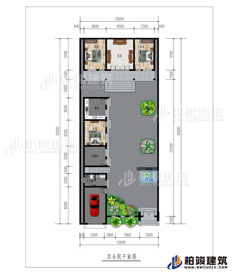 一层：车库、水池、公卫、杂物间、3卧室、厨房、堂屋、影壁墙
