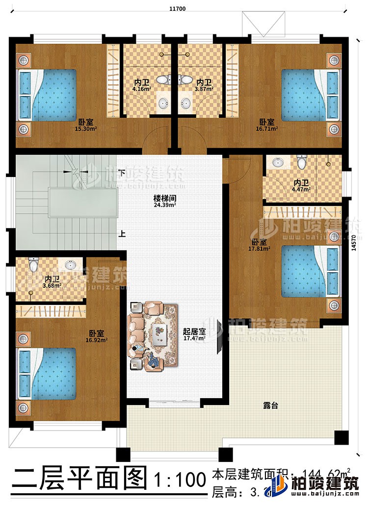 二层：起居室、楼梯间、4卧室、4内卫、露台