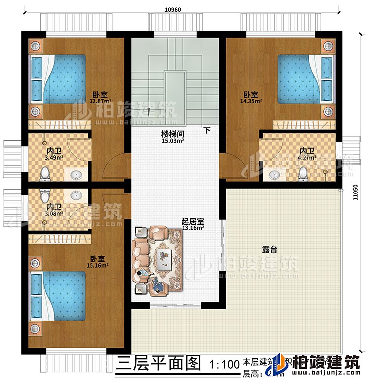 三层：起居室、楼梯间、3卧室、3内卫、露台