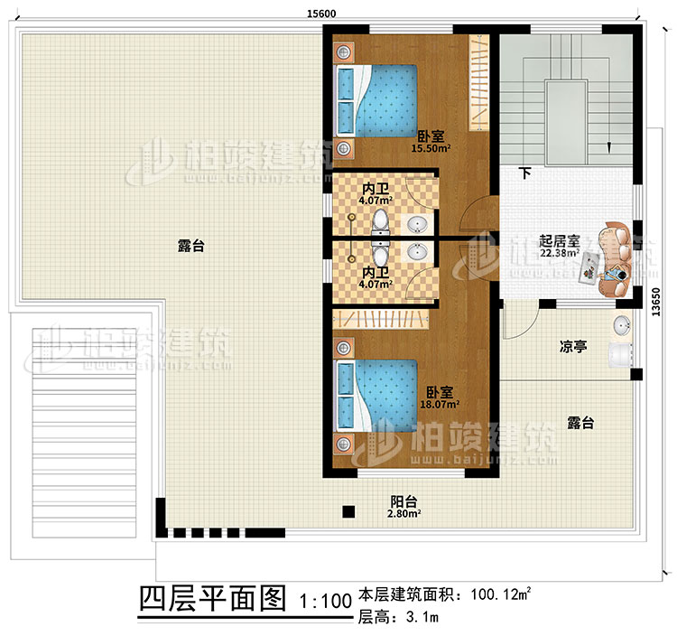 四层：起居室、2卧室、2内卫、凉亭、阳台、2露台