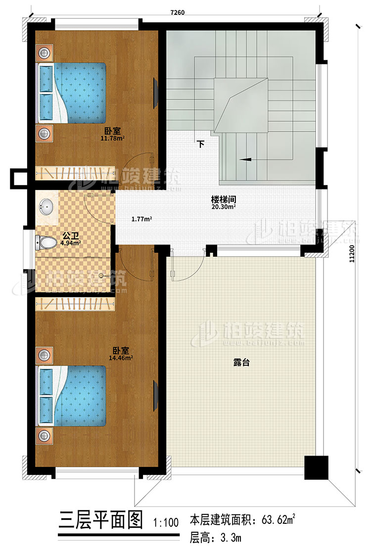 三层：2卧室、楼梯间、公卫、露台
