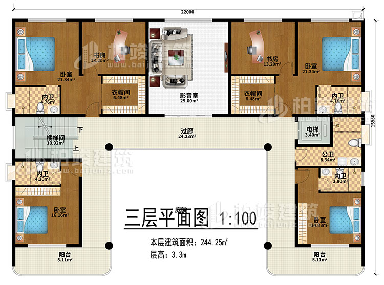 三层：影音室、过廊、楼梯间、电梯、4卧室、2衣帽间、2书房、4内卫、公卫、2阳台