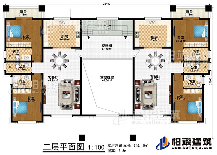 二层：堂屋挑空、楼梯间、2厨房、2客餐厅、4卧室、2公卫、4内卫、2阳台