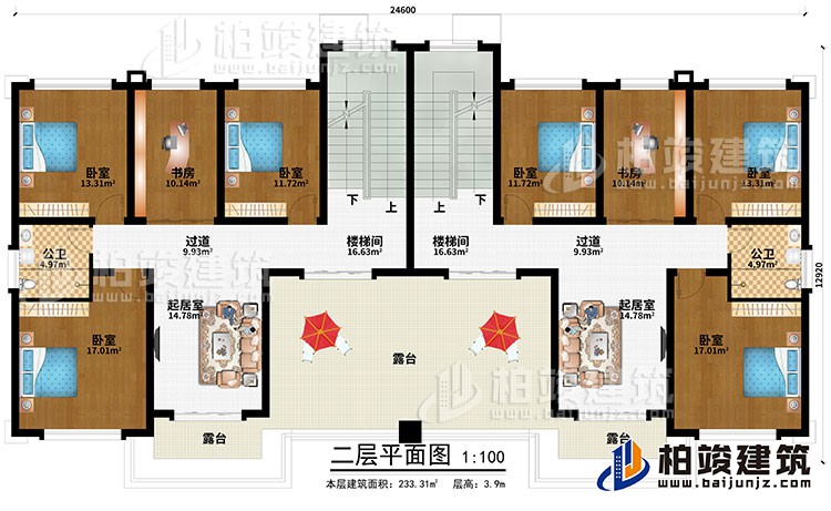 二层：2楼梯间、2过道、2起居室、6卧室、2书房、3露台、2公卫