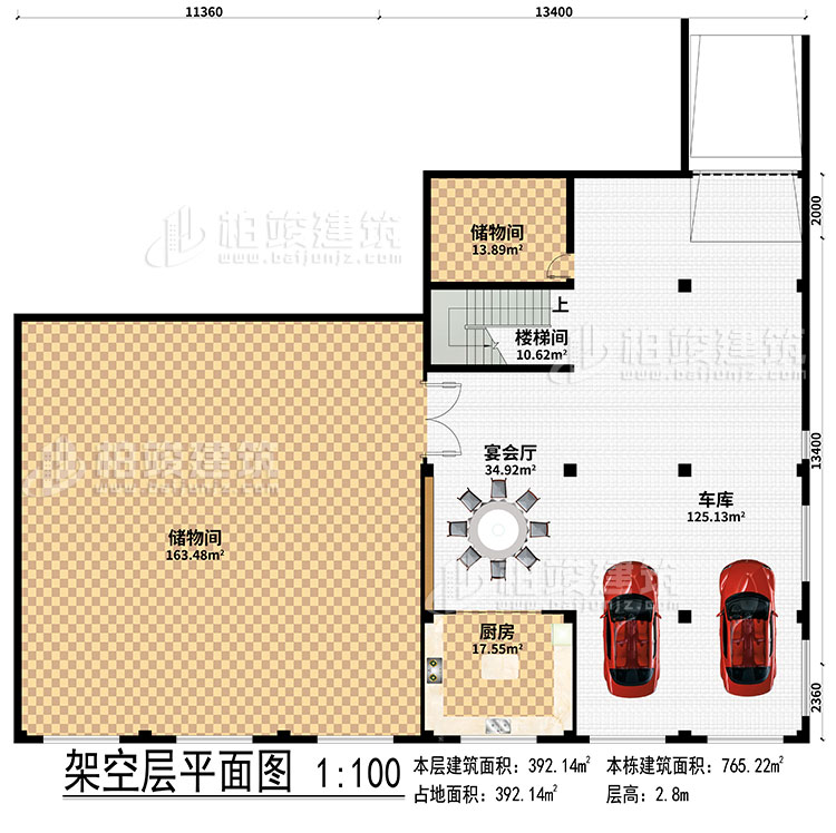 架空层：2储物间、宴会厅、厨房、楼梯间、车库