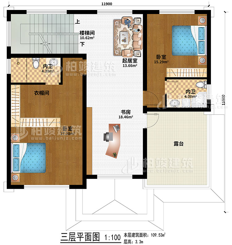三层：2卧室、起居室、楼梯间、衣帽间、书房、2内卫、露台