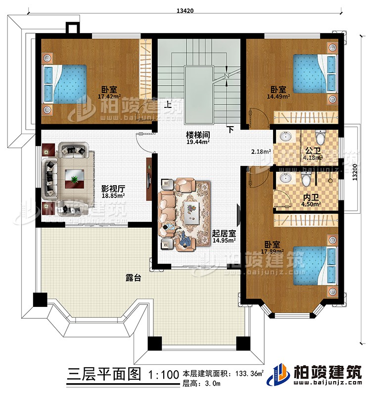 三层：楼梯间、起居室、影视厅、3卧室、公卫、内卫、露台