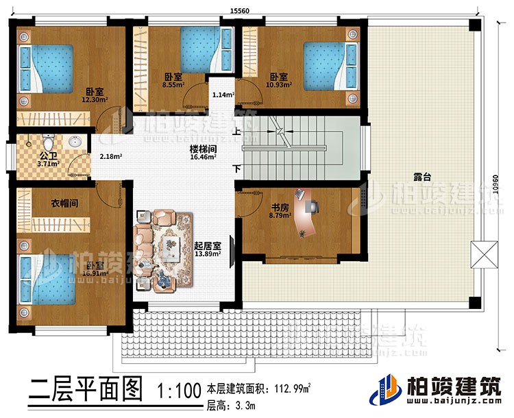 二层：楼梯间、起居室、4卧室、衣帽间、书房、公卫、露台